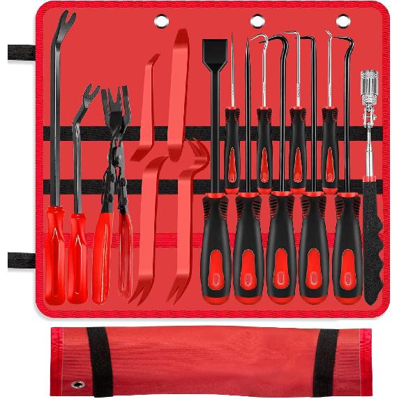 17 Pcs Pick and Hook Set with Trim Removal Tool, Clip Pliers, Fastener Remover,Scraper,and Magnetic Telescoping Tool Kit for Repair