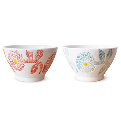 J-kitchens Kunzan Kiln Pair of Kurawanka Tea Bowls, 10.8cm, Hasami Ware, Made In Japan, Dahlia, Light Blue, Red