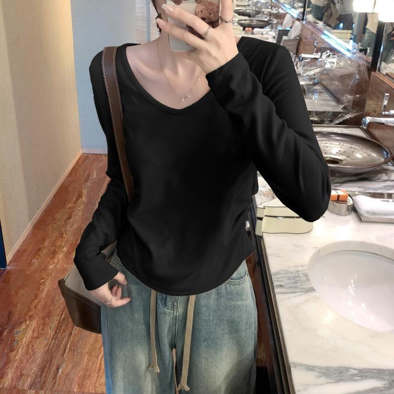 

Temperamental V-Neck Women s Solid Color Long Sleeve T-Shirt – Spring & Autumn Waist-Ruched Base Layer Large чорний