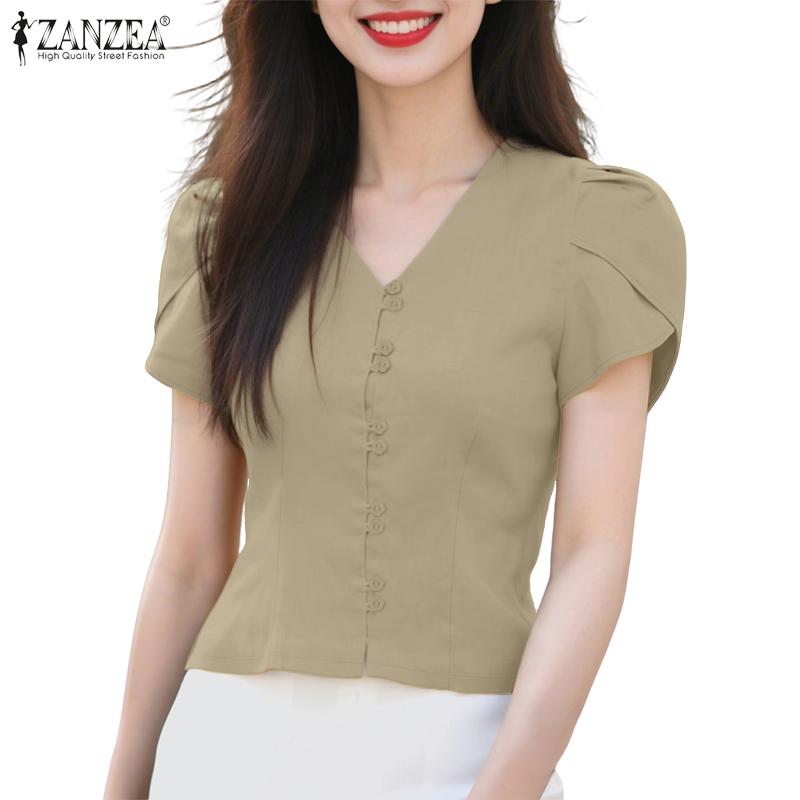 ZANZEA Women Casual V-Neck Summer Short Sleeve Plain Blouse