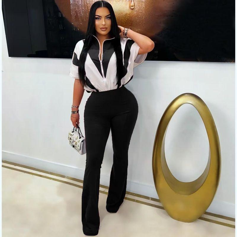 

Western Style New Fashion Short sleeve Contrast Color Zip-up Jumpsuit Zipper Contacting Jumpsuit Black 2XL