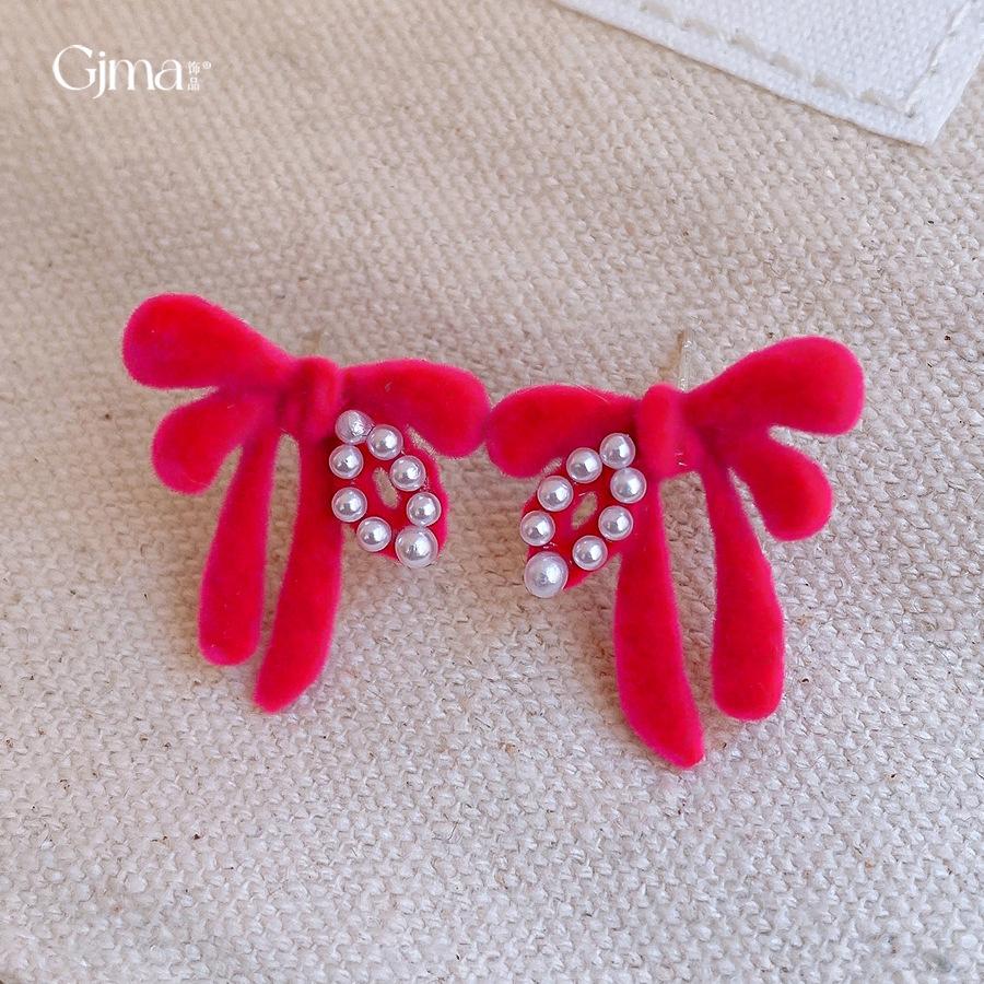 Sweet Flocking Bow Pearl Stud Earrings Autumn and Winter Vintage Versatile Earrings Earrings