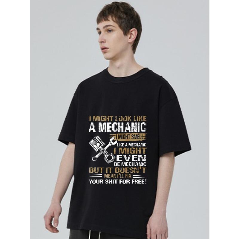 Herren Kurzarm T-Shirt Schwarz Mechaniker Werkzeuge und Textdruck Freizeitkleidung für Autoenthusiasten und Mechaniker