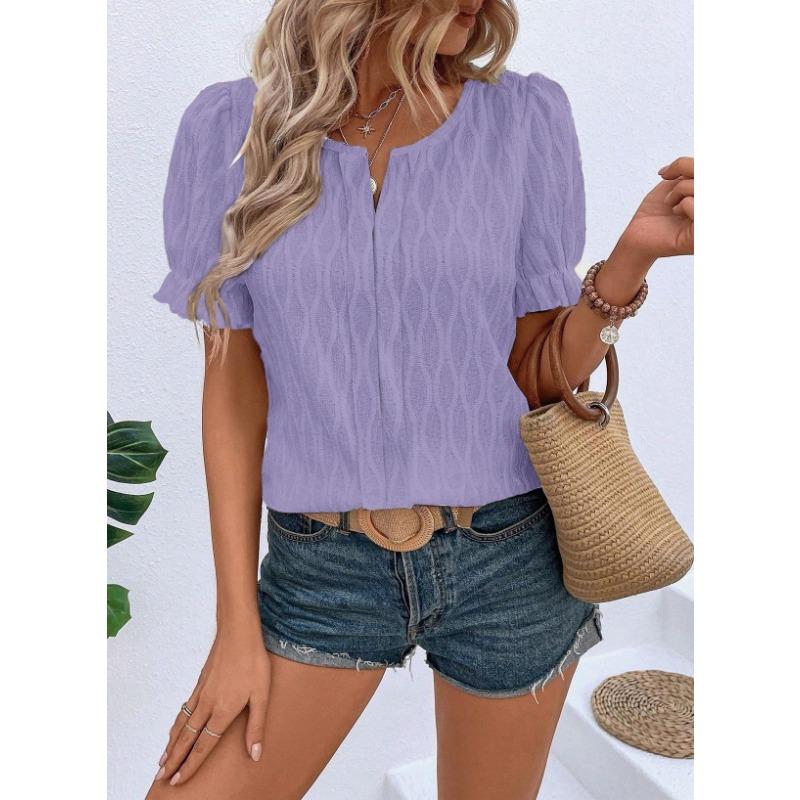 Spring and Summer New V-neck T-shirt Puffed-sleeve Jacquard Women's Casual Loose Short Sleeve