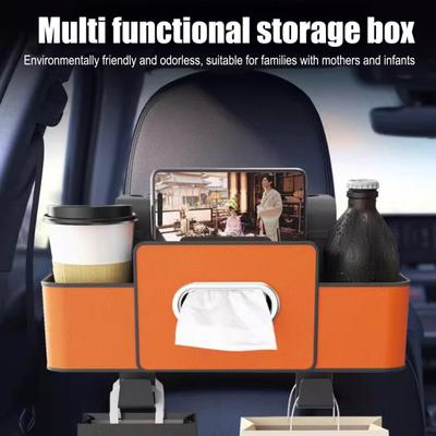 Multifunctional 3‑in‑1 Car Back Seat Storage Box Faux Leather Backseat Organizer with Tissue Dispenser Cup Holders Hooks for Drinks Phone Handbags