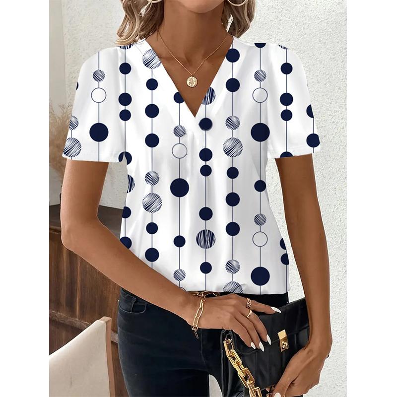 Summer V-neck 3D Printed Geometric Pattern Top Fashionable Casual Short Sleeved Women's T-shirts