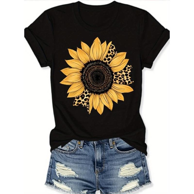 Europäische Größe 2026 Sonnenblume Leopard Muster Damen Sommer Schwarz Rundhals Kurzarm T-Shirt, Damen Klassisches Schwarzes Rundhals T-Shirt