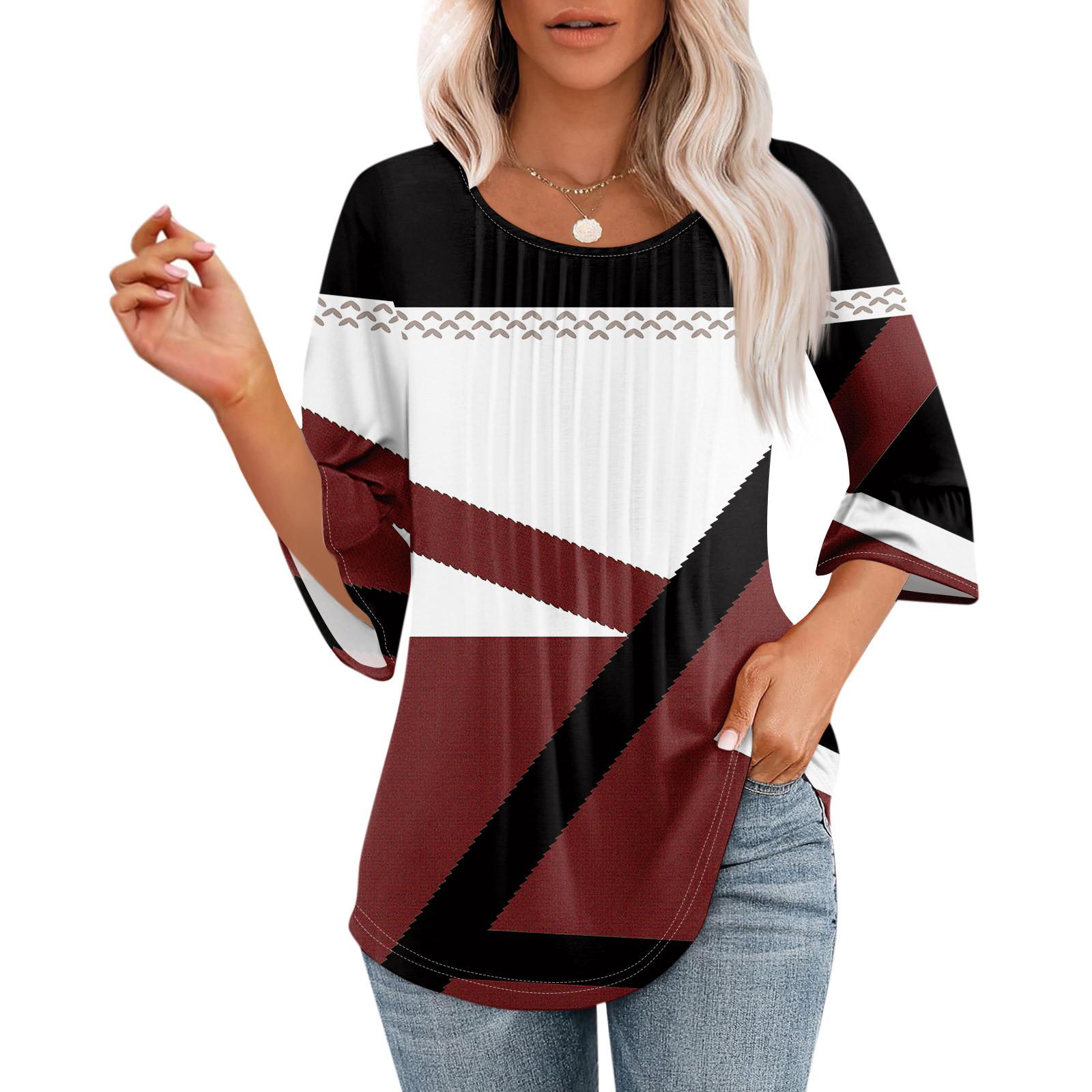 

Женские топы с рукавами-колокольчиками 3/4, летние плиссированные рубашки с круглым вырезом, модные нарядные повседневные блузки-туники свободного покроя XXXL винный