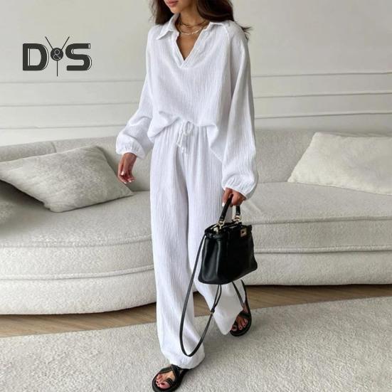 Dámský ležérní dvoudílný set volný ležérní top s dlouhým rukávem a šněrovacími kalhotami, dámský odnímatelný límec a společenský outfit