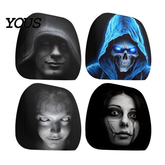 Easy to Install Vehicle Headrest Protectors 2PCS Car Cover with Scary Face Printing, Breathable Stretch Knitted Knit Fabric Dust Cover, Halloween