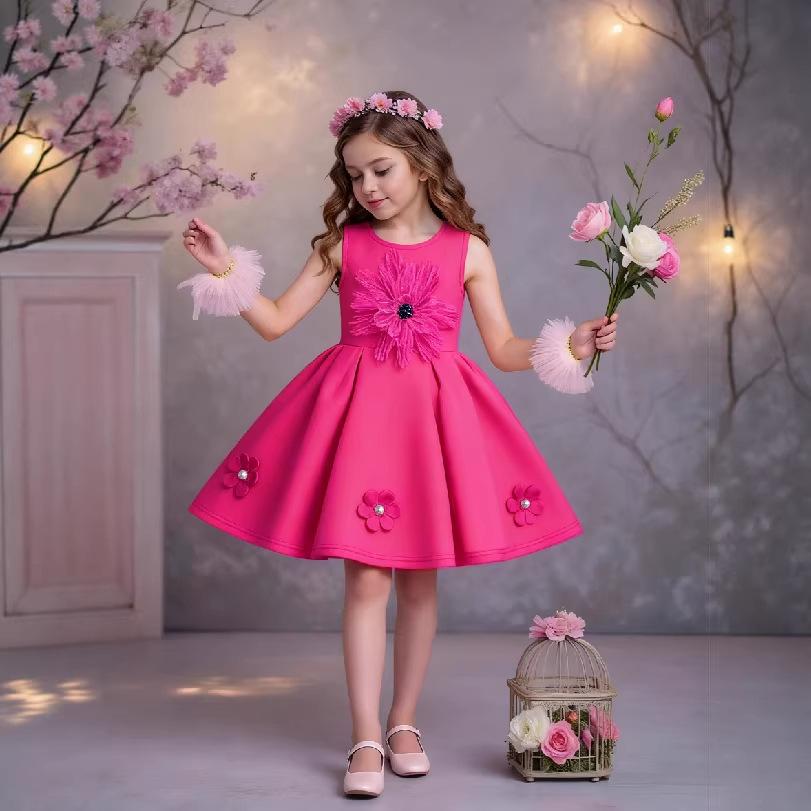 Однотонное платье для девочек Трехмерное цветочное украшение Платье принцессы 9-12M