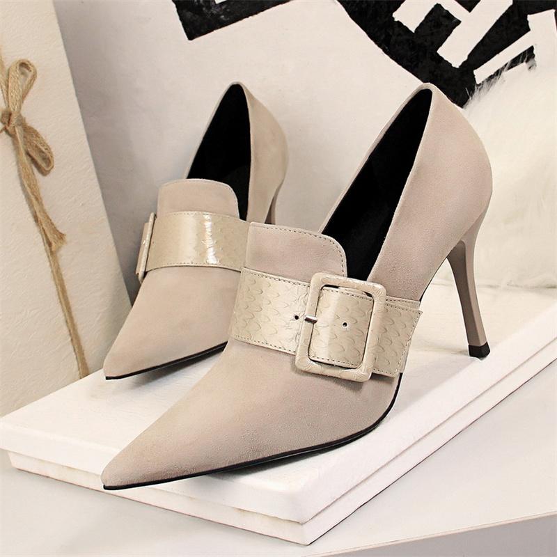 Fashion Women Fashion High Heel Punk Pumps Elegant Wedding Pointed Toe Flock Suede Deep Mouth Belt Buckle Slip On Black Prom Shoes
