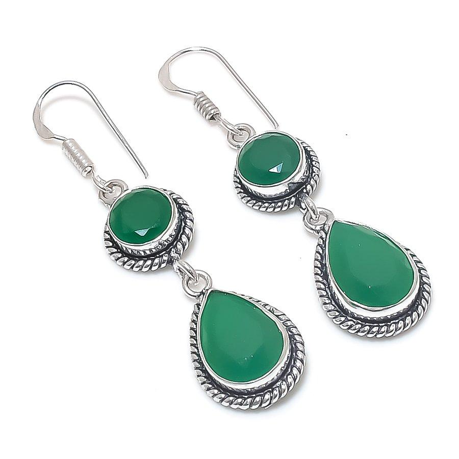 Natural Skota Emerald Gemstone Handmade 925 Sterling Silver Earring 2.17" B6o18