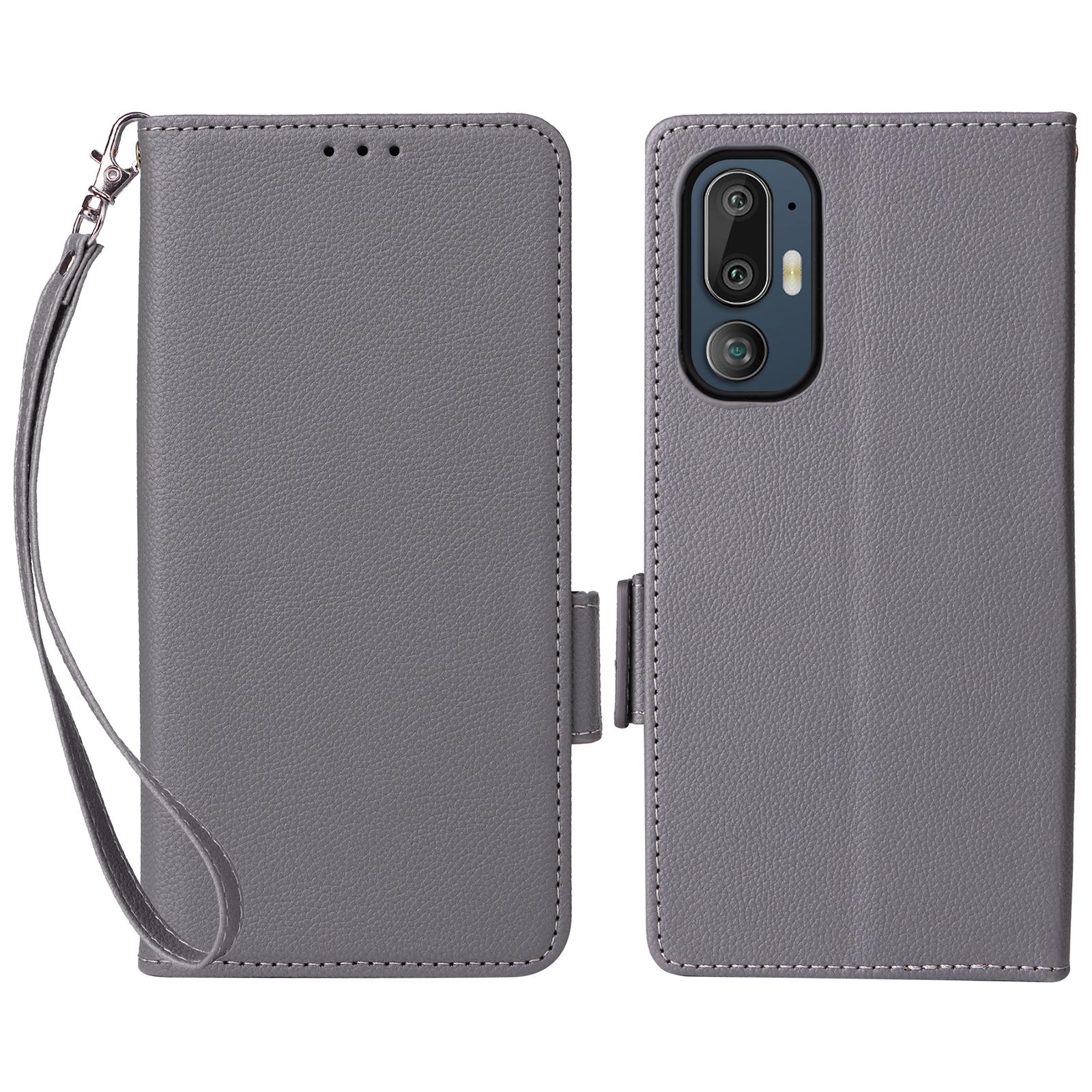 

Чехол для HTC U24 Pro 5G с ремешком на запястье, текстура личи, кошелек из ПУ кожи, чехол для телефона Grey