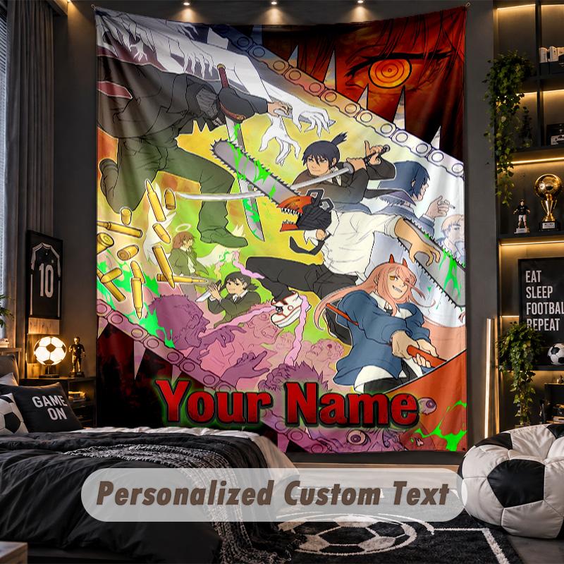 Personalized Wall Tapestry,Chainsaw Man Custom Printed Name, Fabric Wall Art For Indoor Room Backdrop