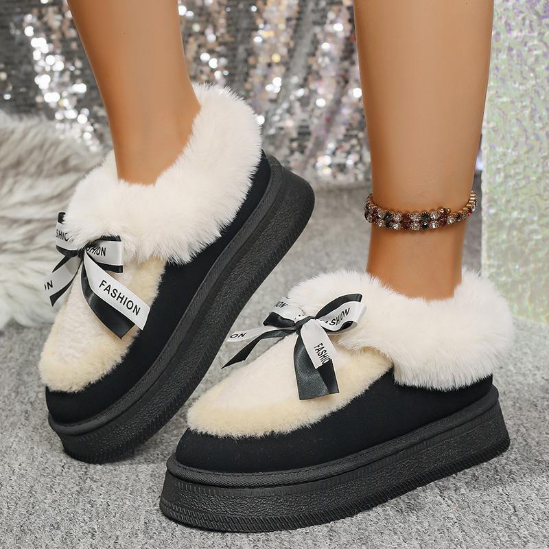

Fashion New Thick Bottom Fur Cotton Padded Shoes Women Bowknot Non Slip Thick Plush Snow Boots Woman Slip On Warm Platform Ankle Boots 36 чёрный