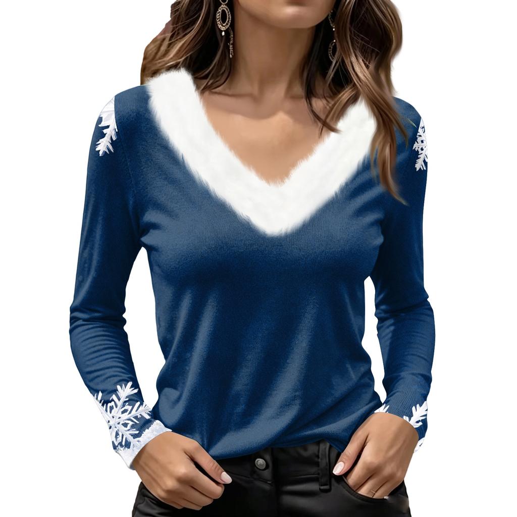 Women's Long Sleeve V-Neck Christmas Top with Collar, Snowflake and Christmas Tree Print