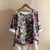 Women's Fashionable And Casual Shirt Half-sleeve Round Neck Print Cotton And Linen Blouse Top