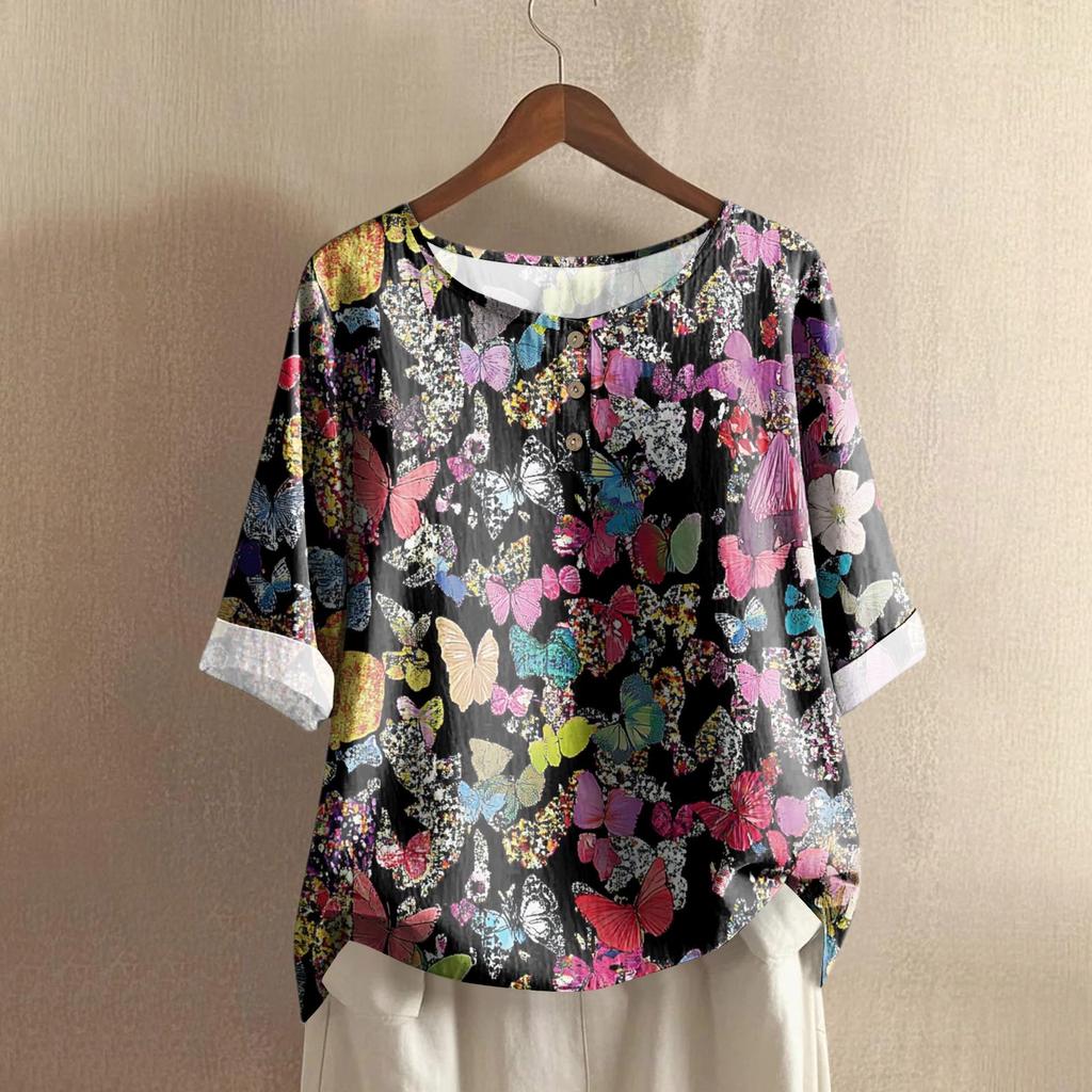 Women's Fashionable And Casual Shirt Half-sleeve Round Neck Print Cotton And Linen Blouse Top