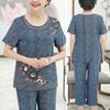 2Pcs/Set Grandma T-shirt Pants Suit Summer Short Sleeve O Neck Elegant Flower Print Breathable High Elastic Elderly Women Mom Top Cropped Trousers Kit