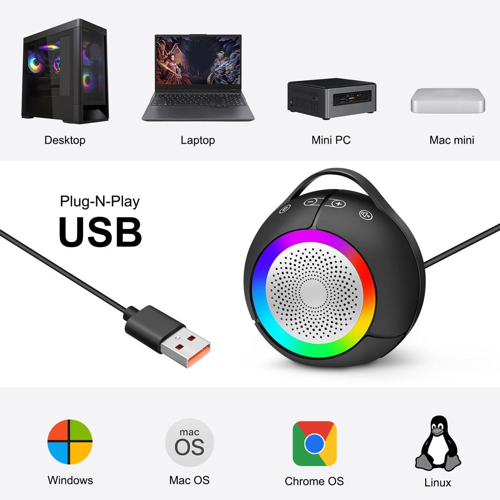 Computer Speakers for Desktop/PC/Laptop USB Plug-N-Play RGB Speakers Compatible with Windows/macOS/ChromeOS