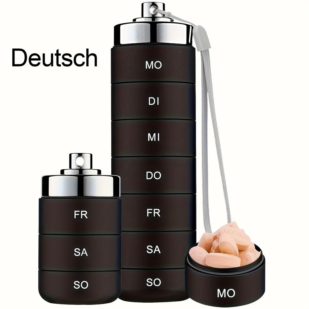 [German printing]Metal Travel Pill Organizer, Portable 7 Day Vitamin Organizer Stackable, Waterproof 1 Times A Day Pill Box