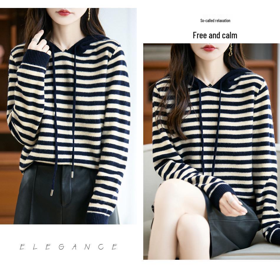 Women's 100% Pure Wool Hooded Knitwear, Loose Fit with Drawstring Stripes, Autumn/Winter Color Block Cashmere Hoodie