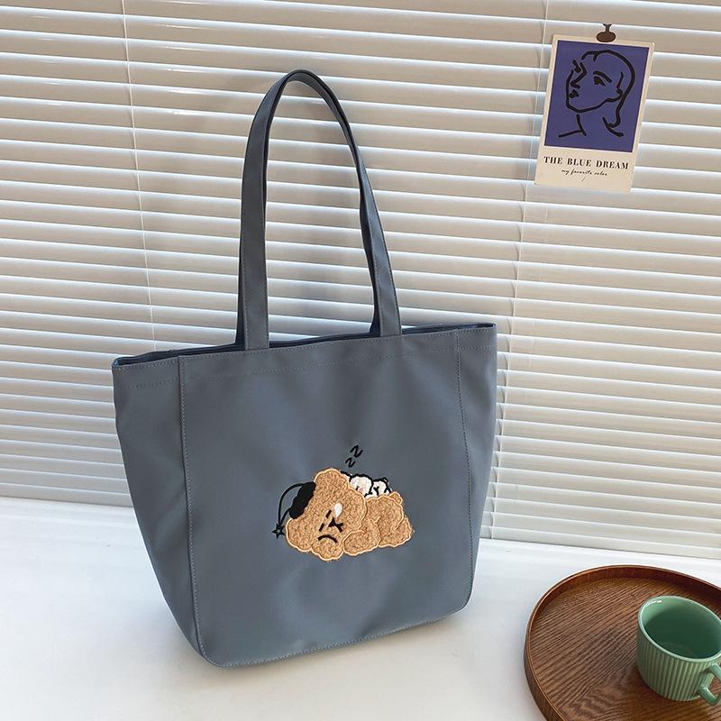 Women Canvas Tote Purse Lamb Like Fabric Shoulder Bag Bear Embroider Crossbody Handbag Casual Shopper Bag Cute For Girl
