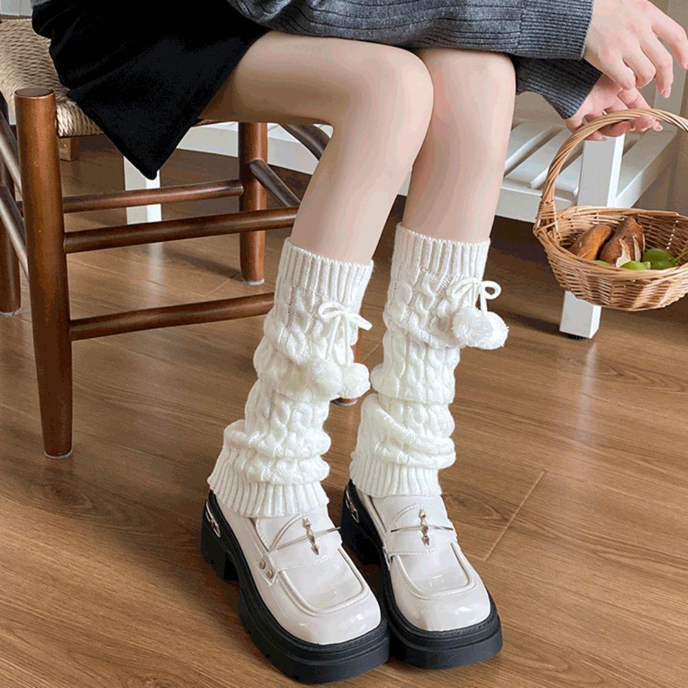 Lace Up Leg Warmer Women Plush Balls Lolita Bowknot Leg Warmer Knitted Leg Covers Spicy Girls