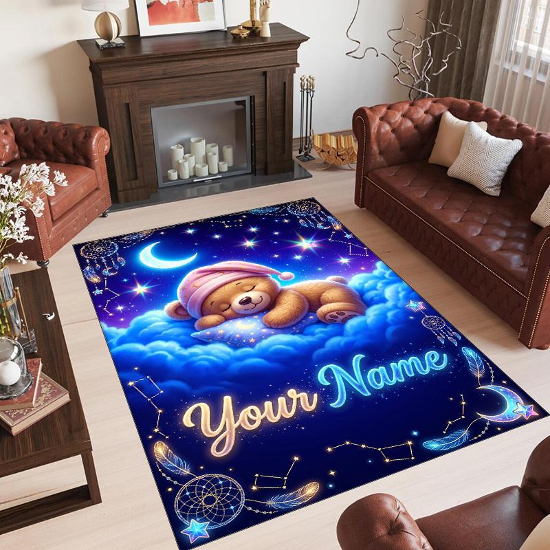 Teddy Bear Theme Crystal Velvet Rug Personalized Custom Name Text Soft Floor Mat Home Decor
