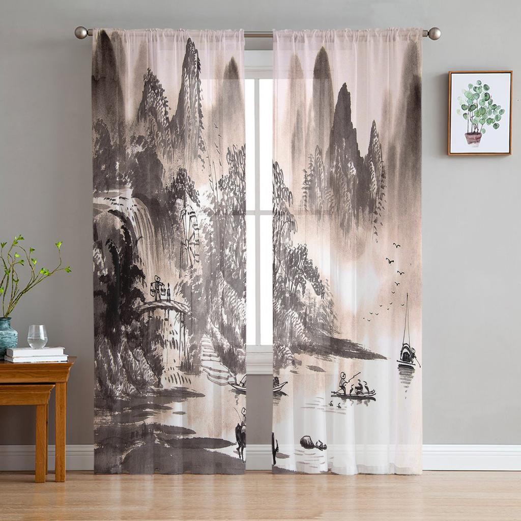 Landscape Ink Painting Chinese Style Sheer Tulle Window Curtains For Living Room Bedroom Kitchen Veiling Curtain Home Decoration