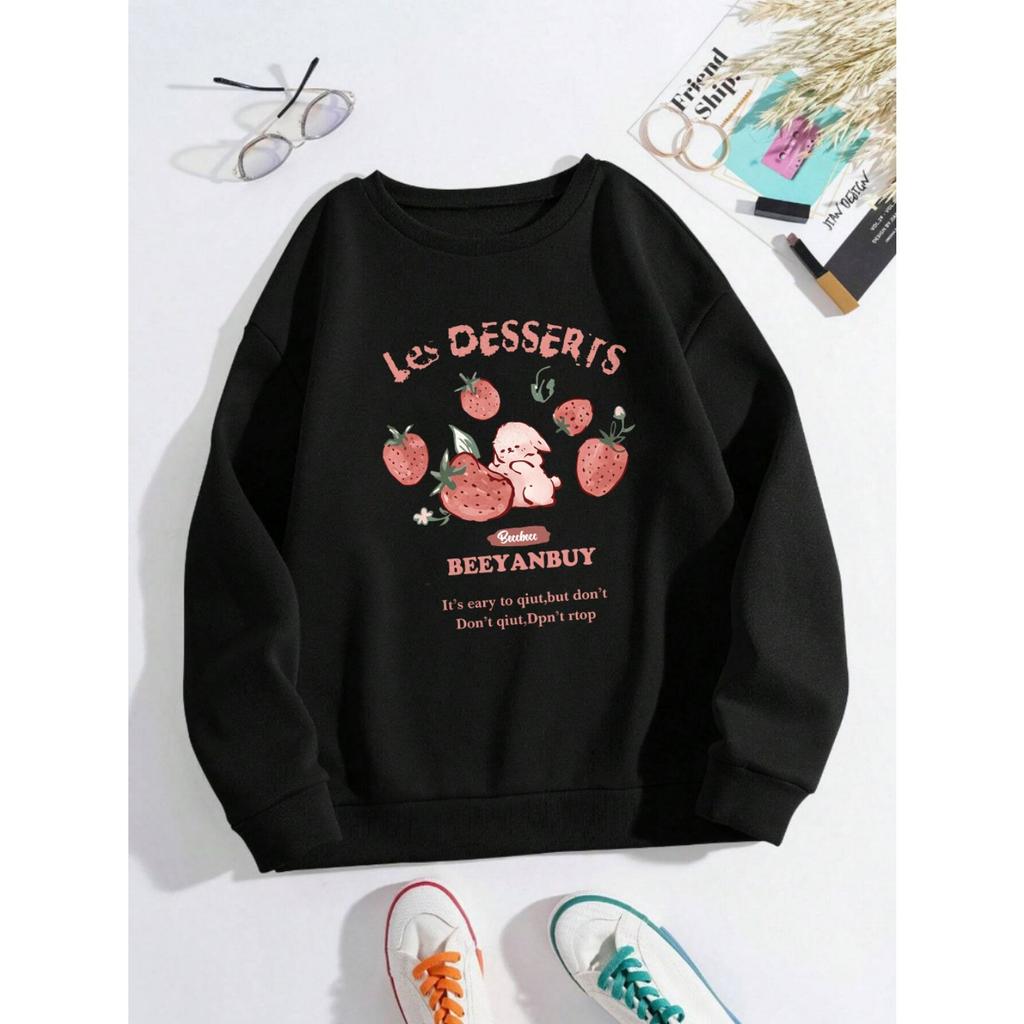 Autumn Women's Hoodie Cute Strawberry And Rabbit Printing Sweatshirt Warm Fleece Comfortable Pullover Fashion Female Clothes