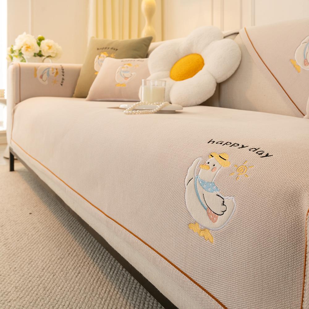 Embroidery Cartoon Duck Sofa Cushion Universal In All Seasons  New Chenille Fixed Non-Slip Sofa Seat Cushion Cover Cloth