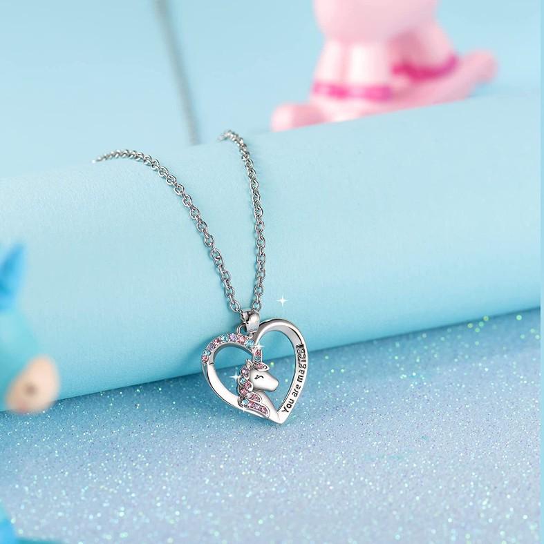 Unicorn Pegasus Necklace with Colorful Heart Pendant