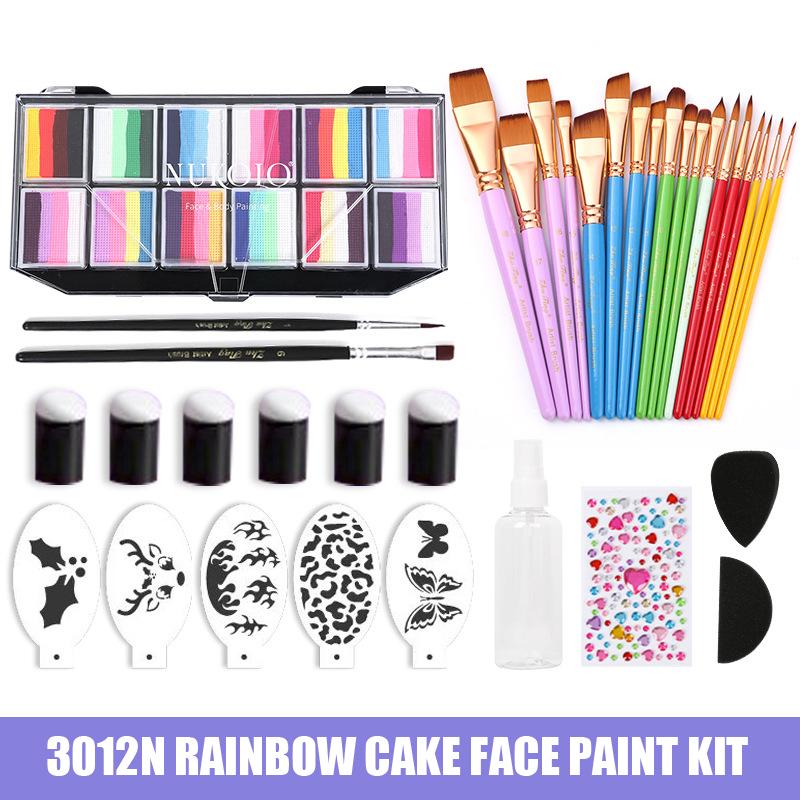 12 Farben Wasserbasierte Körperfarbe Strich Regenbogen Split Cakes Gesichtsmalerei Set mit 18 Pinseln Finger Schwamm und Schablone