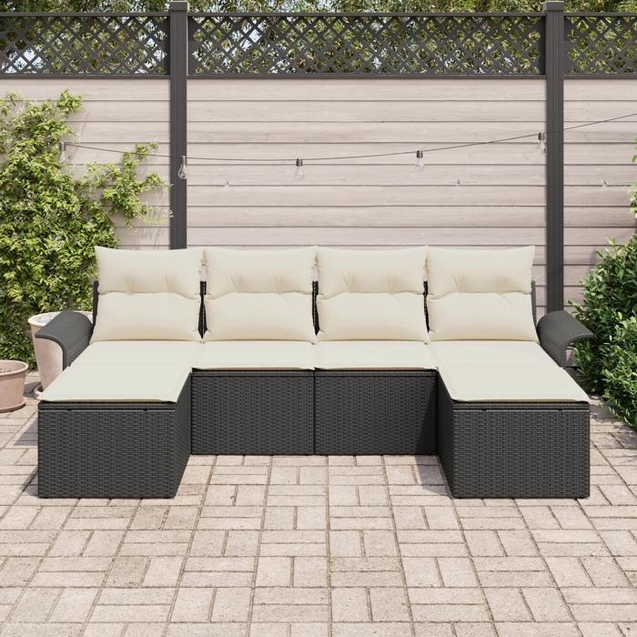 Ensemble de 6 pièces de canapés de jardin avec coussins Noir Poly Rotin, Canapé de jardin 2 places avec rangement 3354136