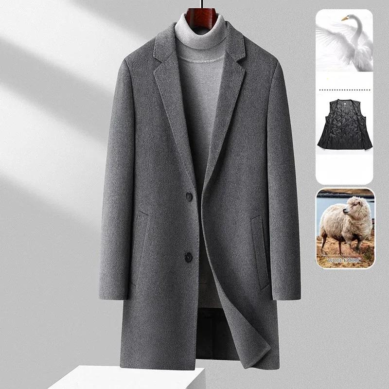 %100 Üst Düzey Yün El Yapımı Çift Taraflı Yünlü Kaban Orta Uzun Takım Yaka Kaz Tüyü Çıkarılmış İç Yünlü Erkek Kaban