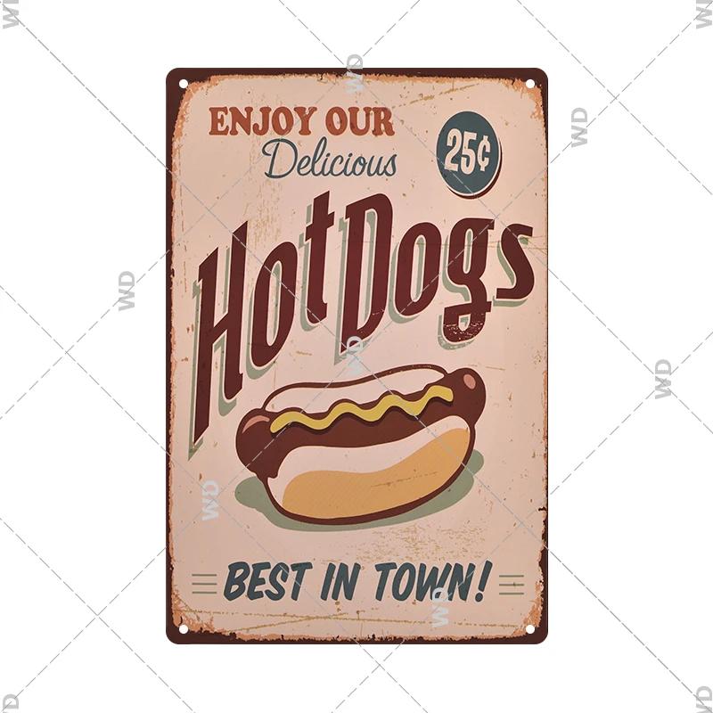 Panneau en étain pour hamburgers, frites, HotDogs, FastFood, Plaque métallique rétro Vintage, affiche en métal, Pizza BBQ pour décoration murale de cuisine