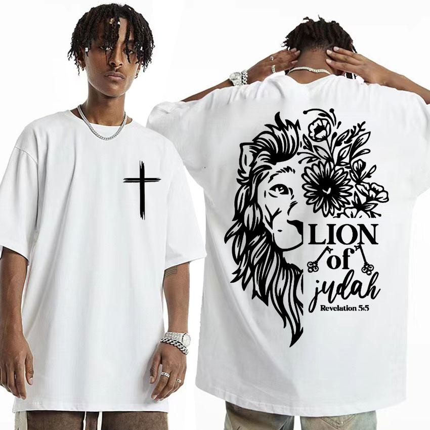 Jesus Lion of Judah Print T-shirt for Men Women Aesthetic Christian Clothing T Shirts Fashion Oversized 100% Cotton T Shirt Tops