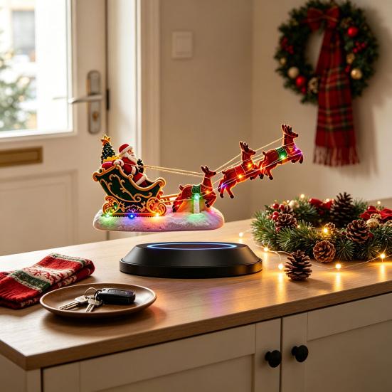 Magic Holiday Decoration Lighted Floating Santa Sleigh, Magnetic Levitation Flying Sleigh Ornament with Christmas Party Decor LED Light, Centerpiece