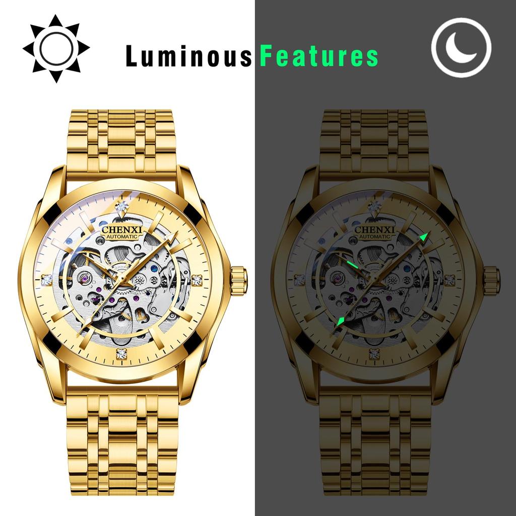 Men's Automatic Mechanical Watch 3ATM Waterproof Luminous Analog Display Stainless Steel Adjustable Belt Gold Fashion Accessory
