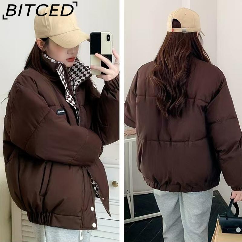 BITCED Stylish Niche Checkered Pattern Thickened Puffer Jacket for Women Mid-Length Winter Cotton Coat