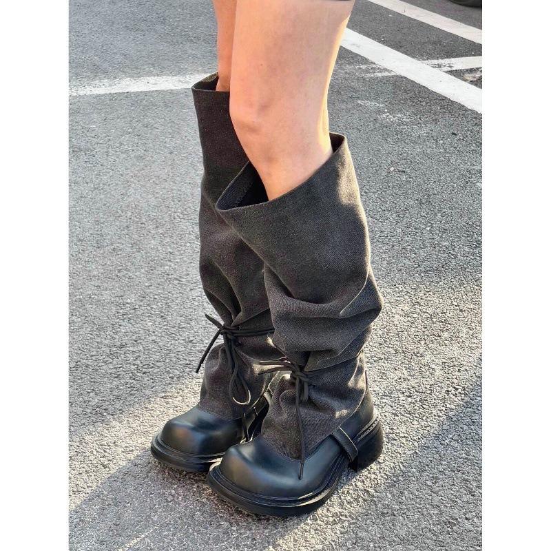 Cowhide version~ niche design fashionable long boots women's retro babes pile boots thick heel knight boots look thin