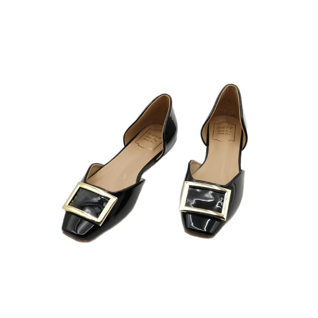 Spot Second Hair! Grape Mother Same Shoes Commuting RV Square Buckle Patent Leather Square Head Shallow Mouth Hollow Flat Sole Single Shoes Women's S