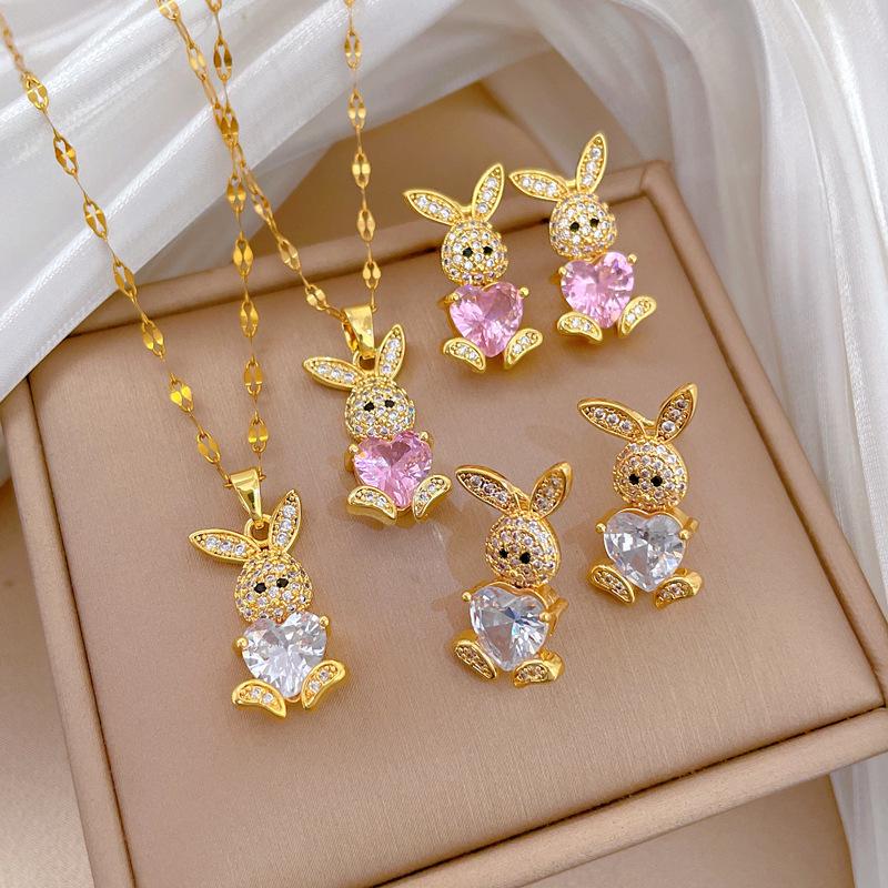 Titanium Steel Rabbit Necklace and Earrings Set - Light Luxury Micro-Inlaid Design for Banquets and Personal Style