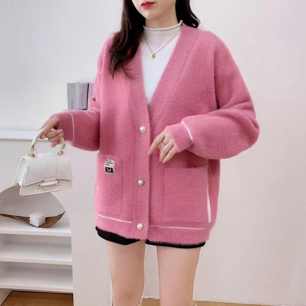 Faux Mink Sweater Coat - 2026 Korean Style: Lazy, Loose, Thickened Knit Cardigan for Autumn/Winter.