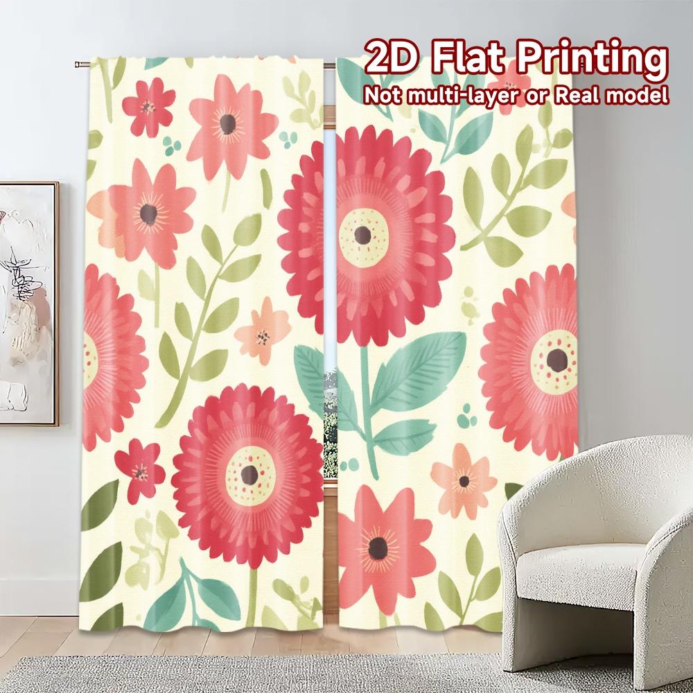 Set Of 2 Minimalist Flat Printing Curtains Without Rod Floral Spring Celebration Design Ramadan Festival Machine Curtain Made Polyester