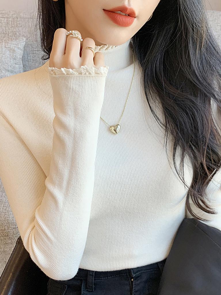 Semi-turtleneck lace bottoming shirt women's spring inner top age-reducing design knitted sweater