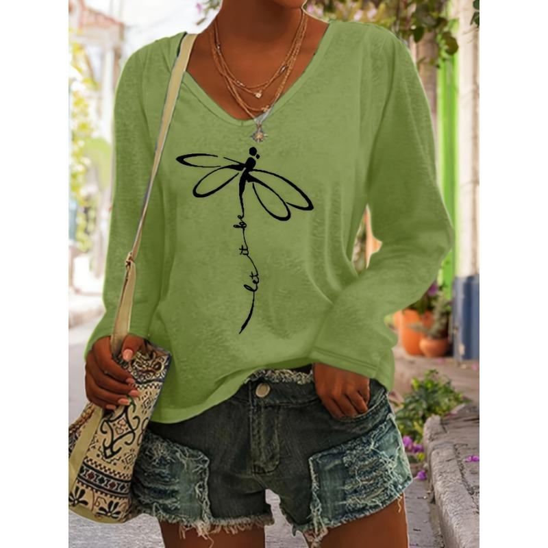 Women's V-Neck Long-Sleeve T-Shirt - Layering Basic with Medium-Stretch Fabric, Opaque Casual Blouse for Spring Summer Fall,