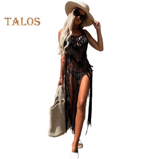 

Пляжное платье в стиле бохо для женщин, ажурный подол с бахромой, сексуальное прикрывающее платье, летние купальные костюмы, халат, вязаный крючком, кисточка, слинг, пляжная одежда чёрный